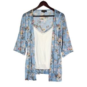 Almost Famous Kimono Cardigan Tank Set Blue White Pink Floral Medium Fairy Y2K